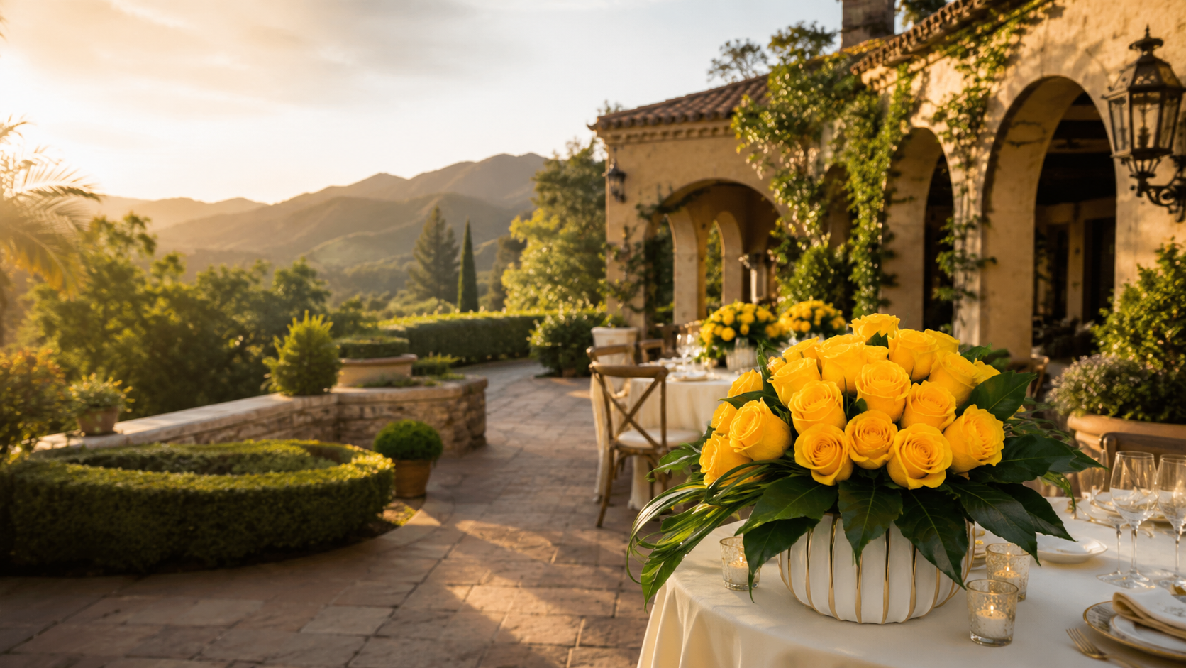 Conceptual yellow rose floral design for a Hummingbird Nest Ranch estate wedding