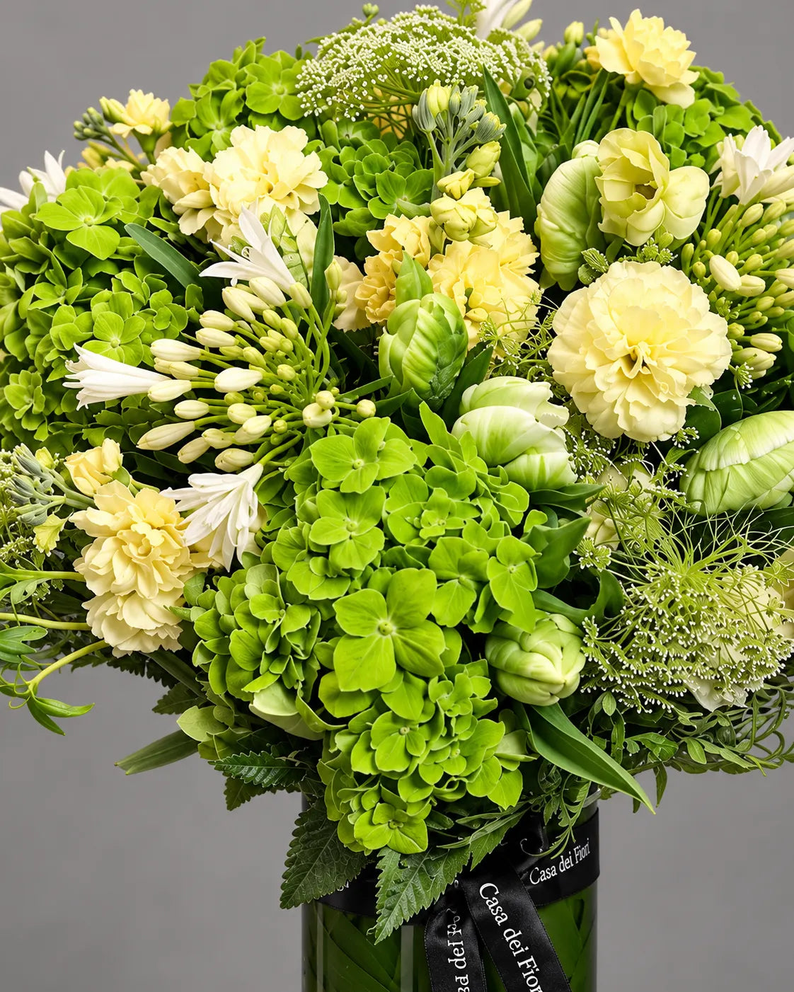 Green Hydrangeas and Ivory Flowers in Vase by Casa Dei Fiori