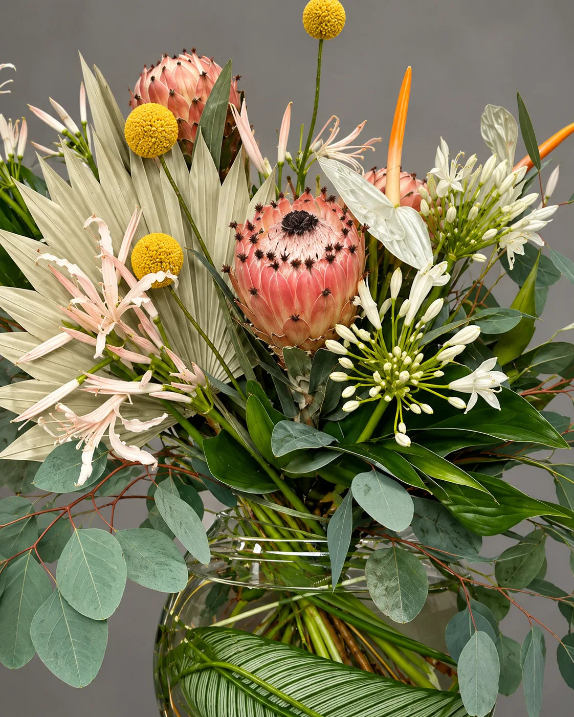 Modern Tropical Floral Arrangement with Protea and Eucalyptus in Beverly Hills