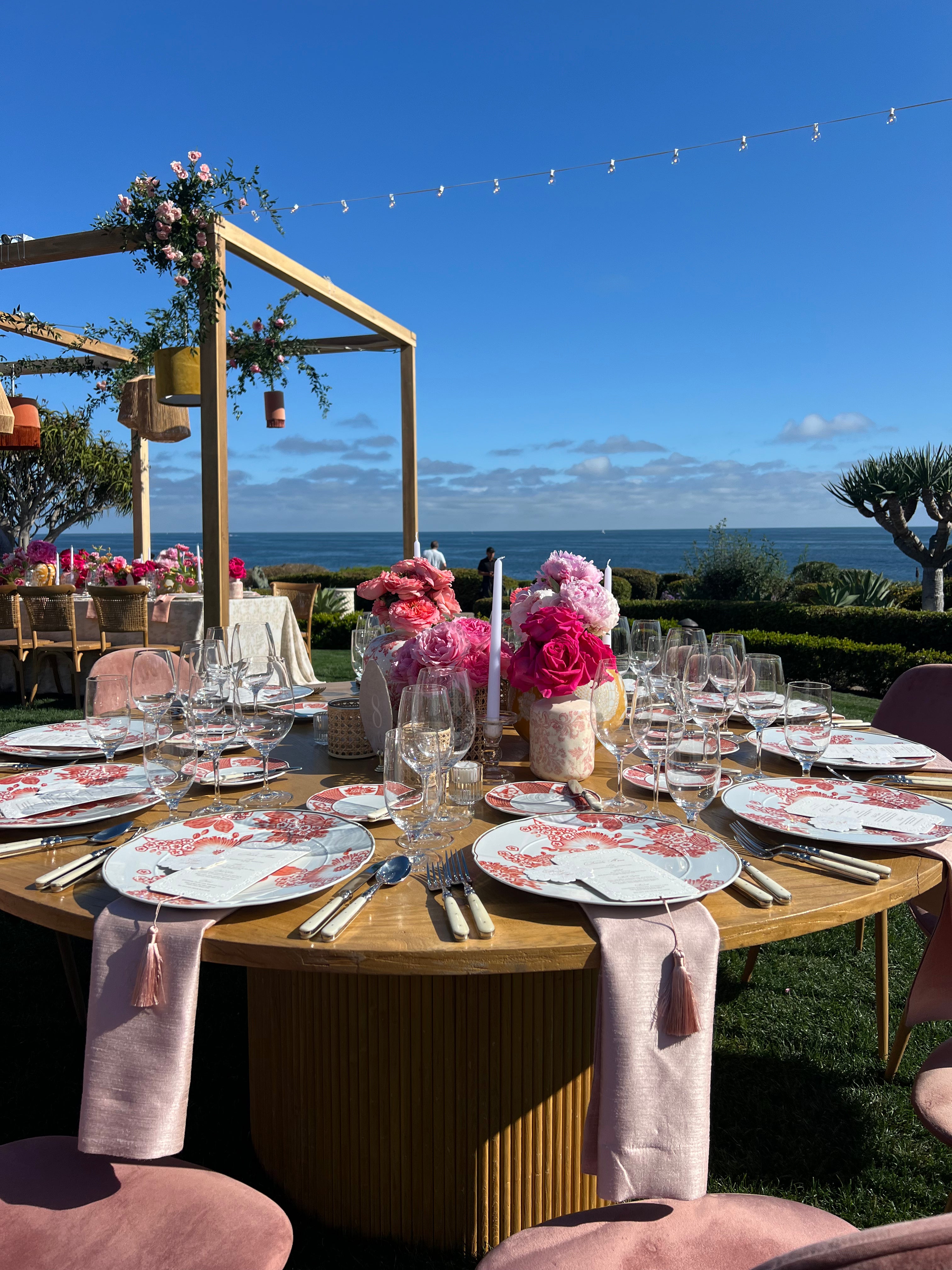 Ocean-view ceremony flowers for Bel-Air Bay Club wedding