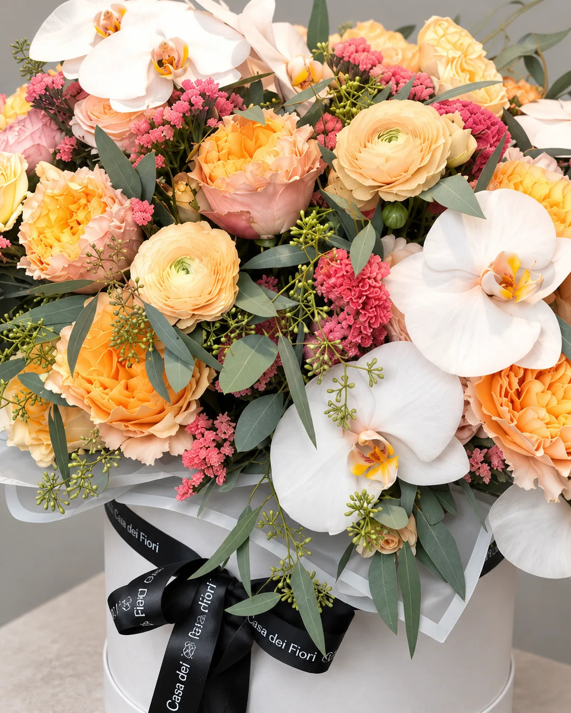 Peach Garden Roses and White Orchids in Luxury Hat Box by Casa Dei Fiori