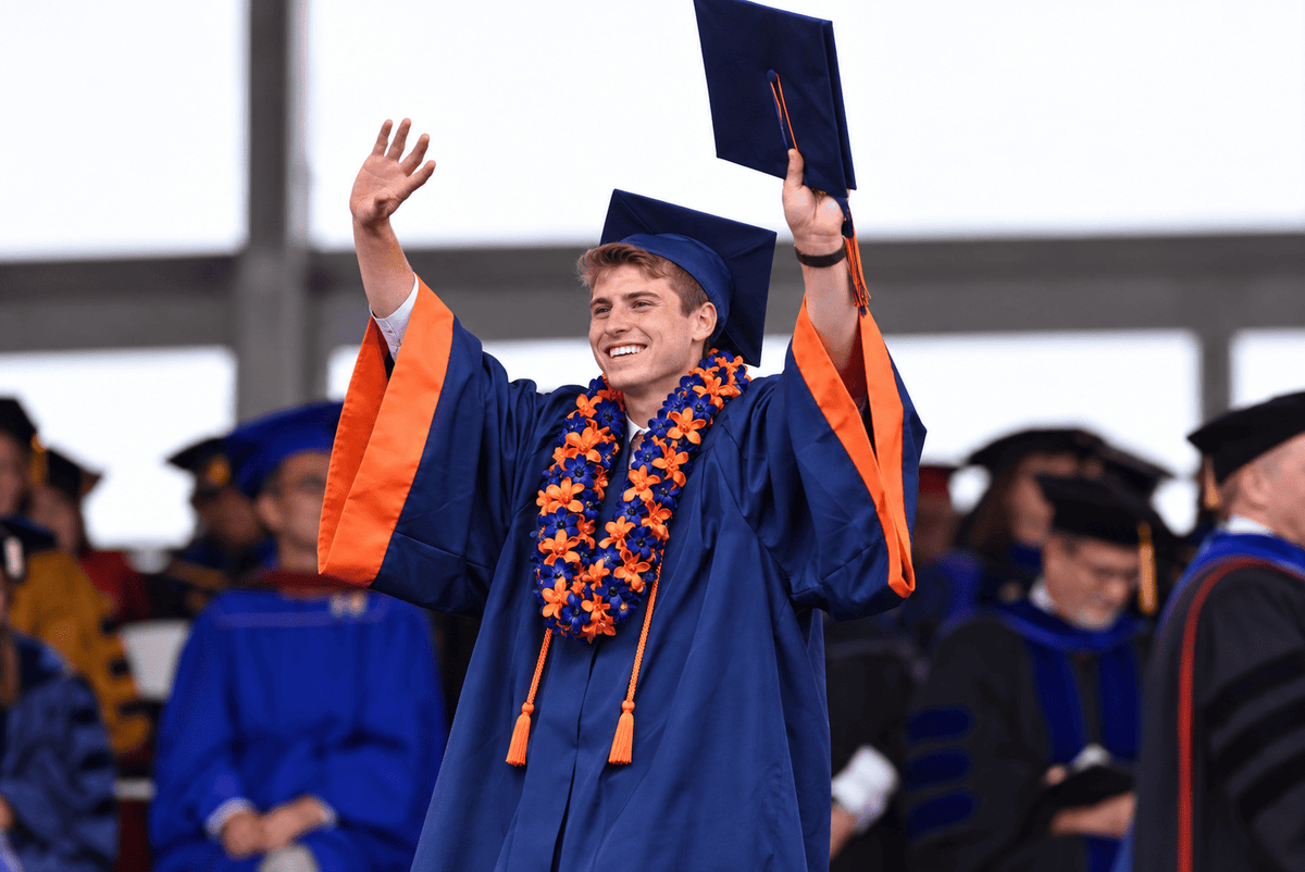 Pepperdine graduation lei in blue and orange, Malibu | Casa Dei Fiori