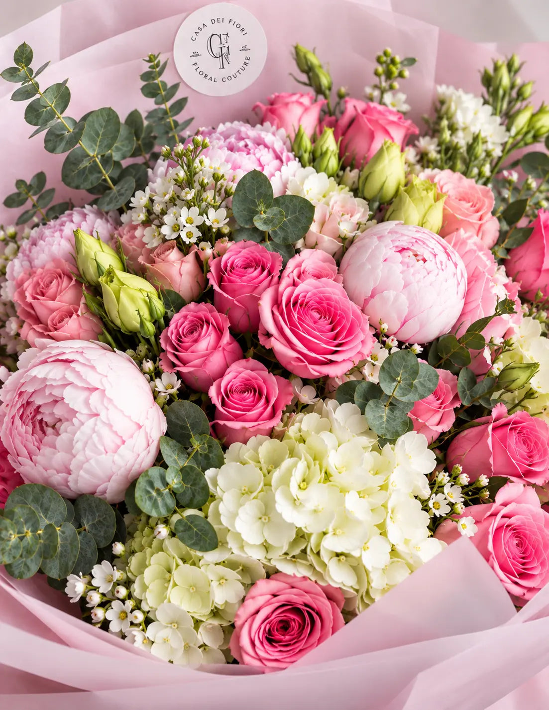 Pink peony and rose bouquet with hydrangeas by Casa Dei Fiori, luxury florist in Beverly Hills