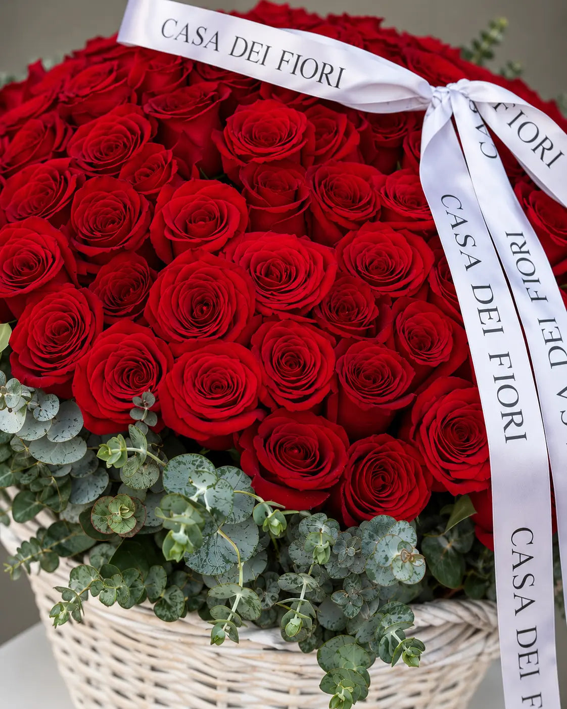 Romantic red rose basket with luxury flower delivery in Beverly Hills and Los Angeles