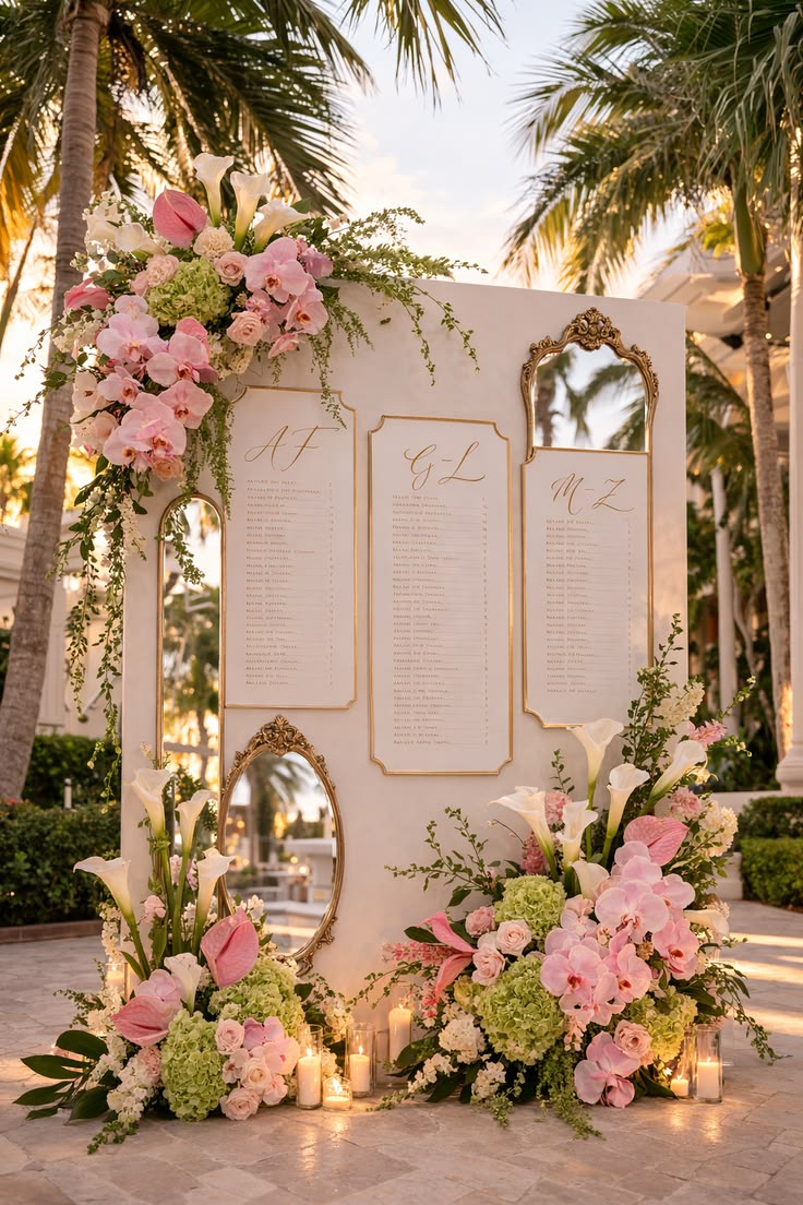 White and green ceremony florals for ocean-view wedding