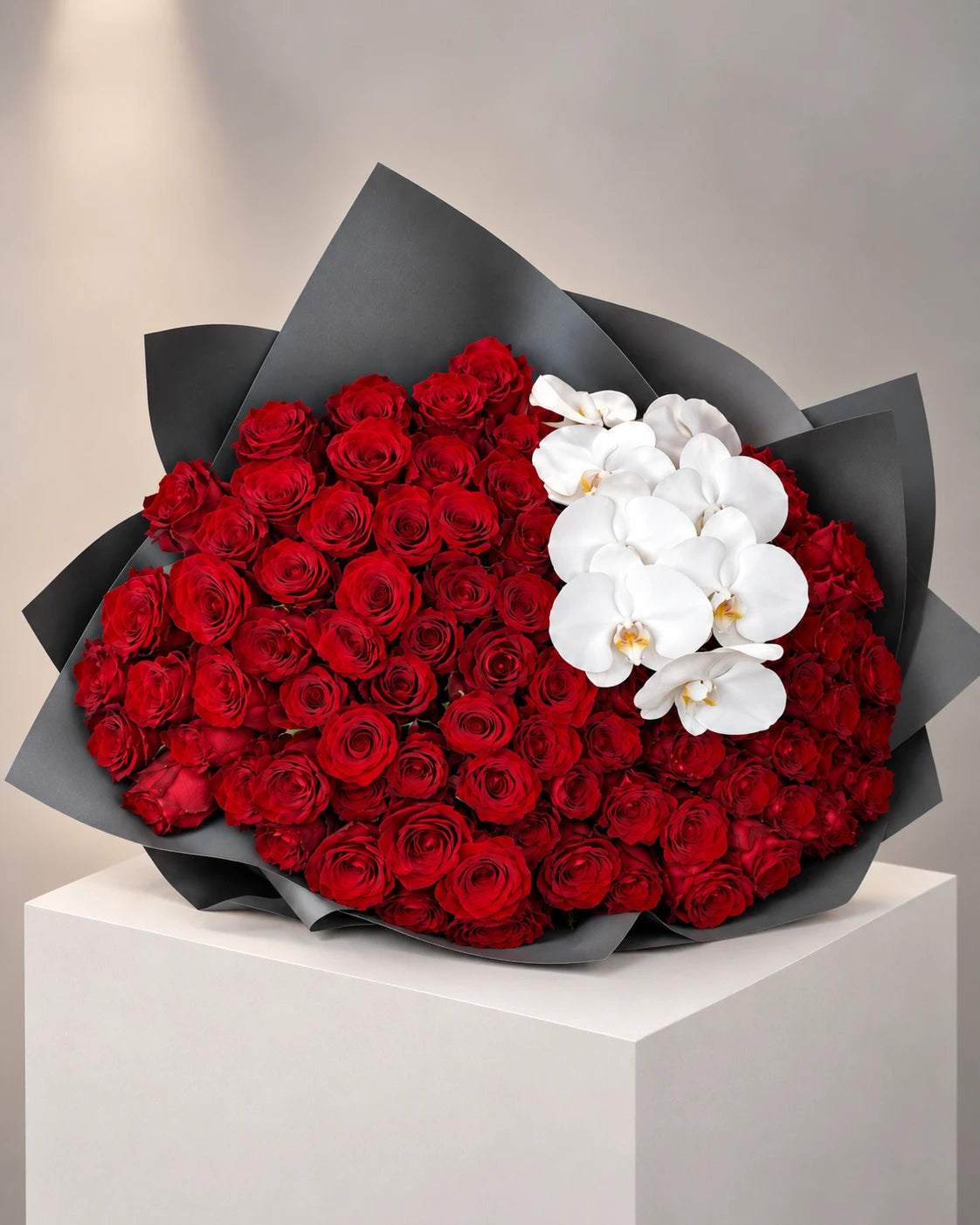 red rose bouquet with white orchids and same-day delivery in Beverly Hills and Los Angeles