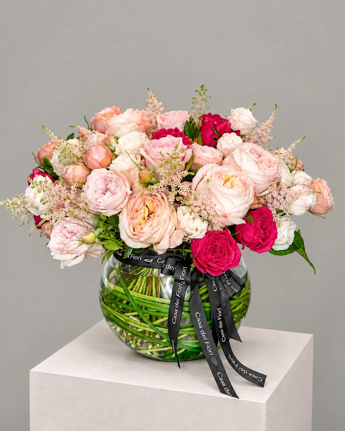 Blush Pink and Fuchsia Rose Arrangement in Glass Vase in Los Angeles