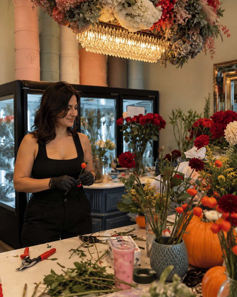 Halloween floral arrangement workshop with fresh flowers and pumpkin in Beverly Hills