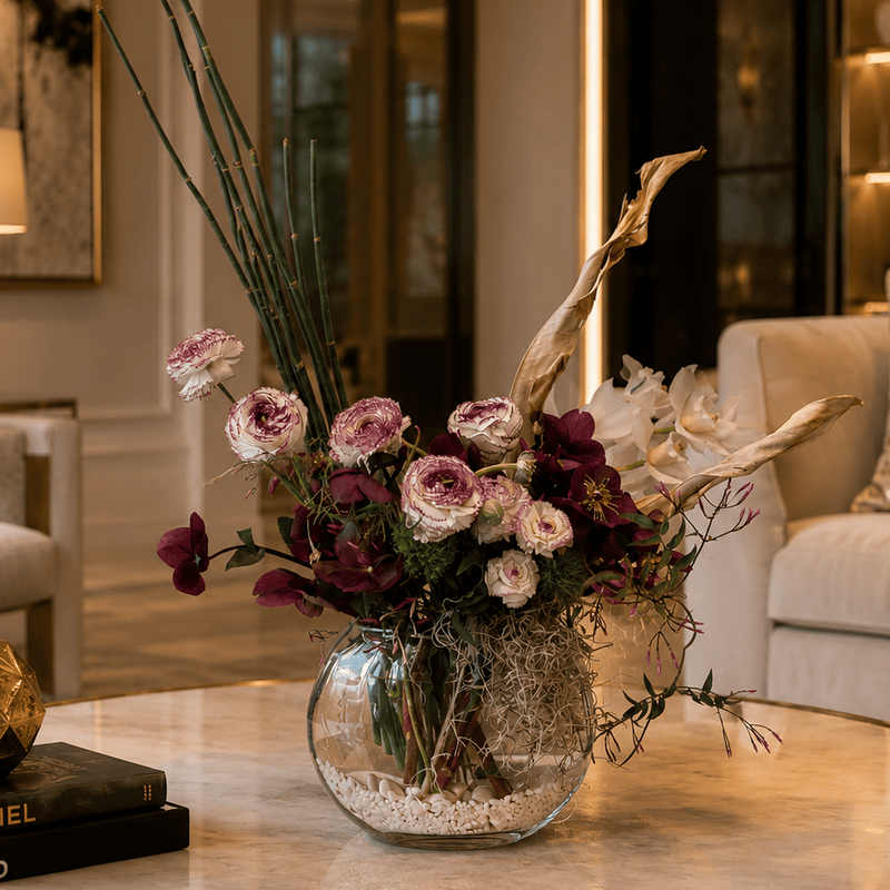 Home flower subscription arrangement created for a Los Angeles coffee table