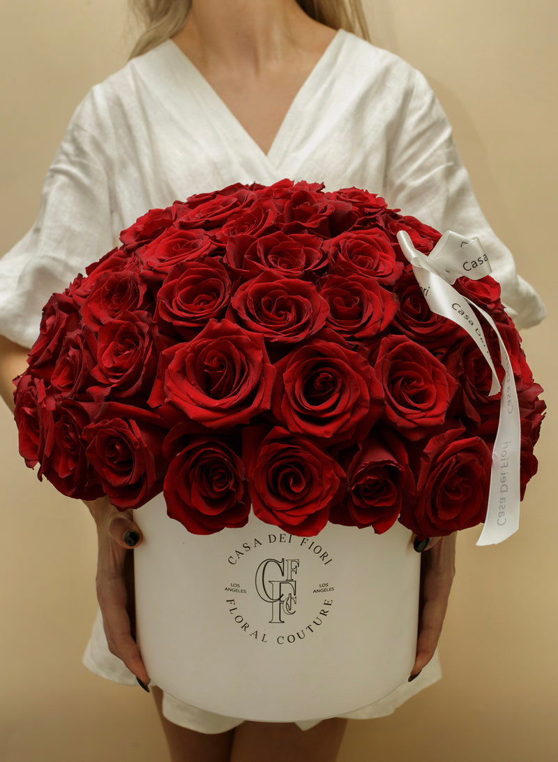 RED ROSES IN A HAT BOX