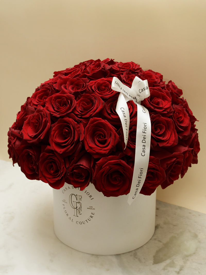 RED ROSES IN A HAT BOX