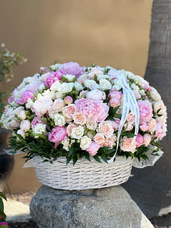 BASKET WITH PEONIES AND ROSES