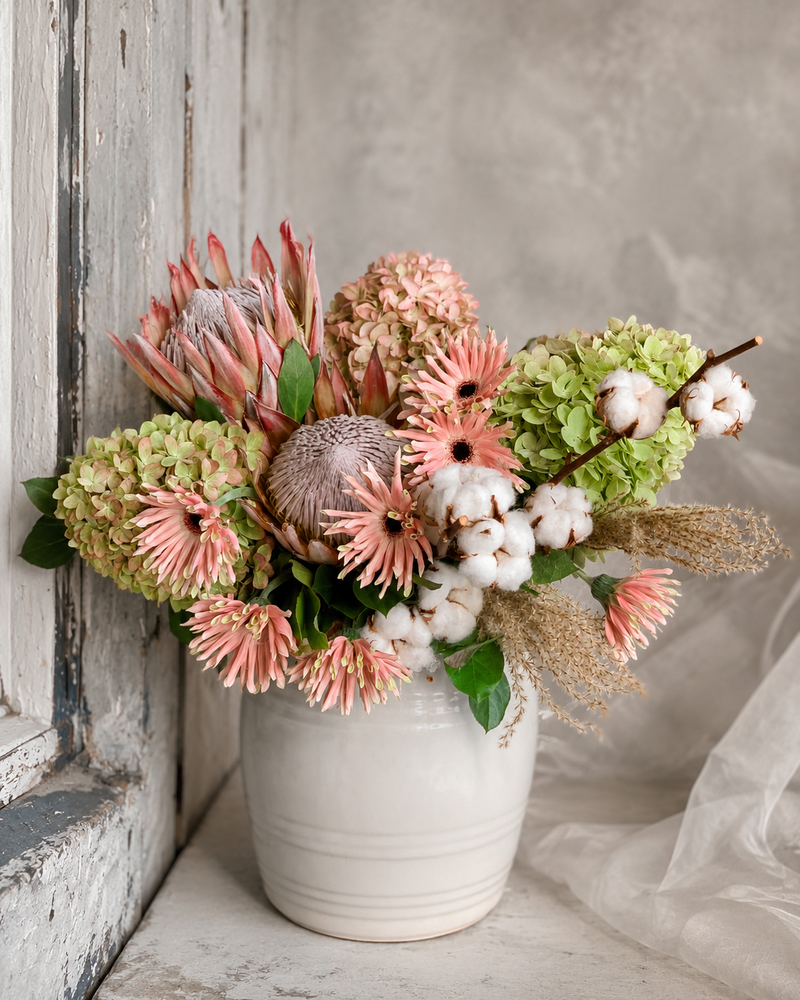 Los Angeles florist arrangement with pink protea, green hydrangeas, cotton stems, pampas grass, and pastel flowers in a white ceramic vase.