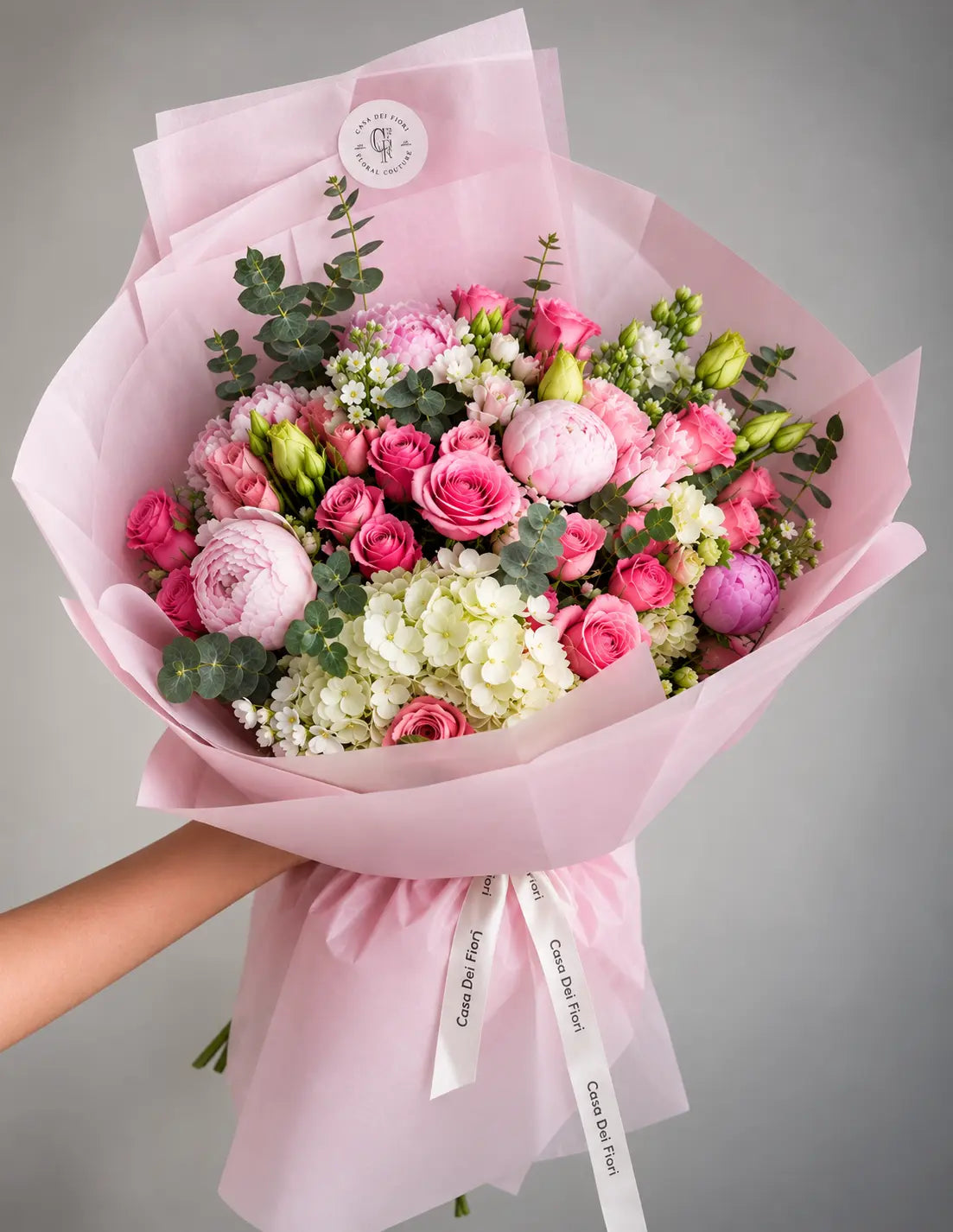 Luxury pink floral bouquet with peonies, roses, hydrangeas and eucalyptus by Casa Dei Fiori in Beverly Hills