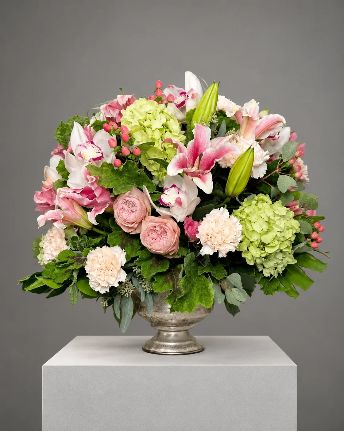 Pink Lily and Green Hydrangea Flower Arrangement in Los Angeles
