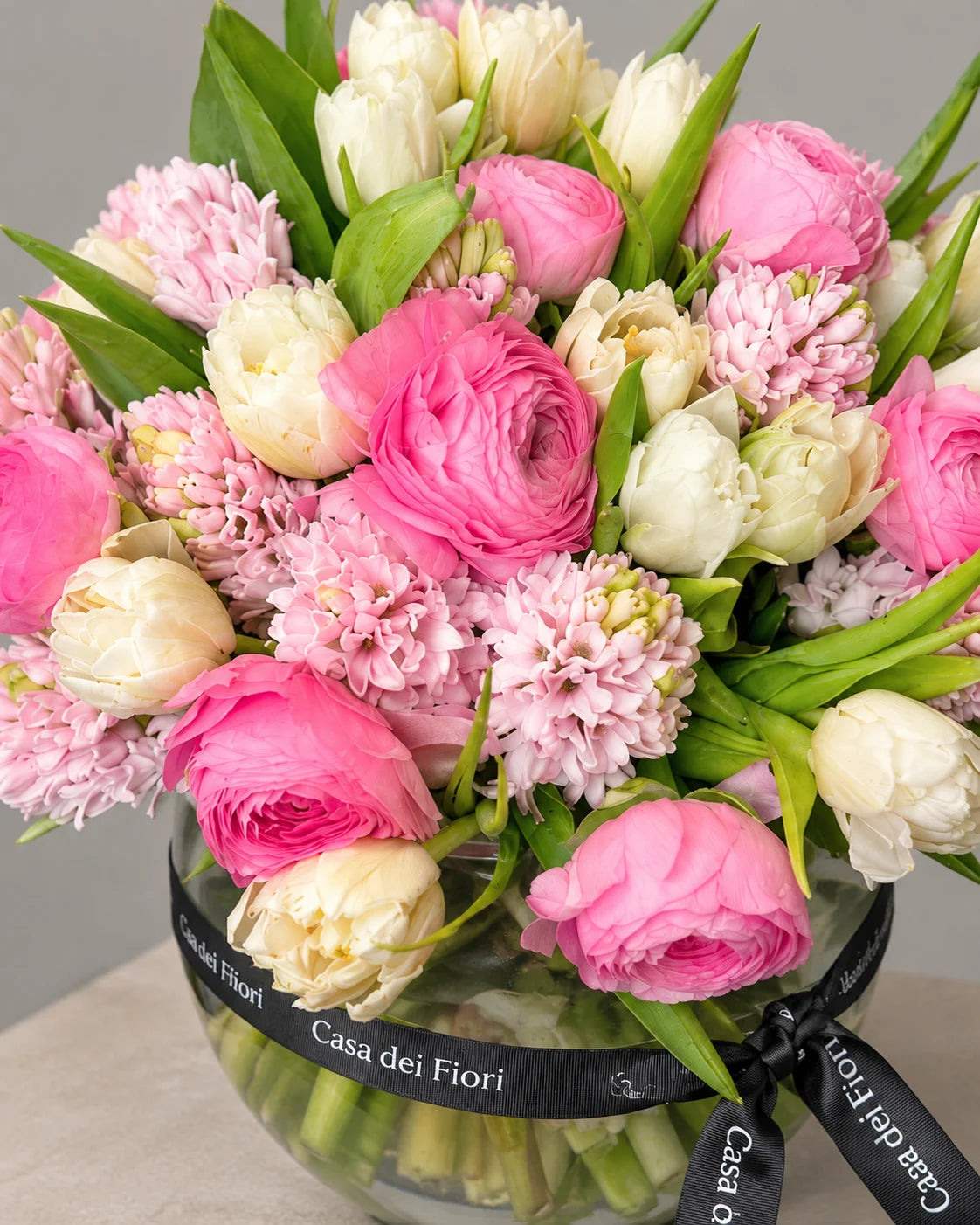 Pink and White Spring Flower Arrangement in Glass Vase by Casa Dei Fiori