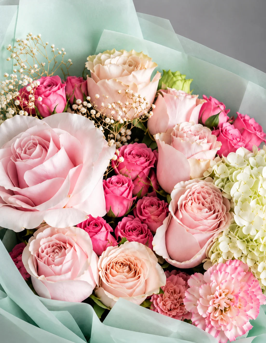 Pink roses and white hydrangea bouquet with same-day flower delivery in Los Angeles