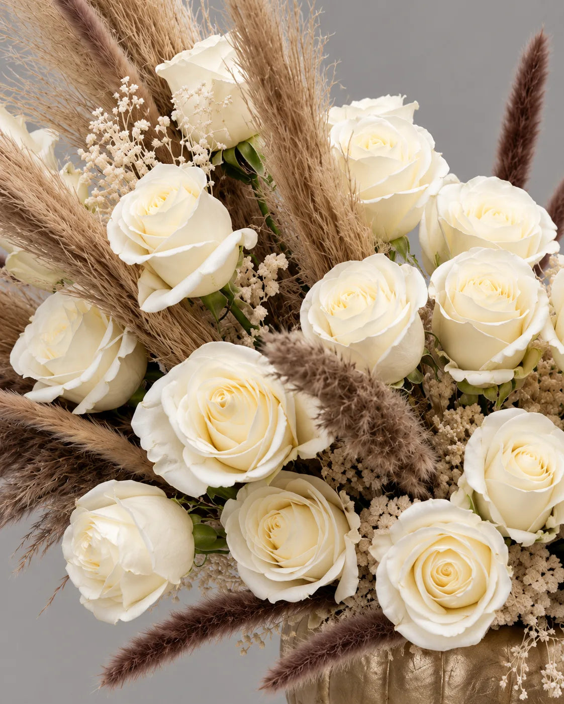 Pumpkin Season Floral Arrangement with White Roses and Dried Pampas