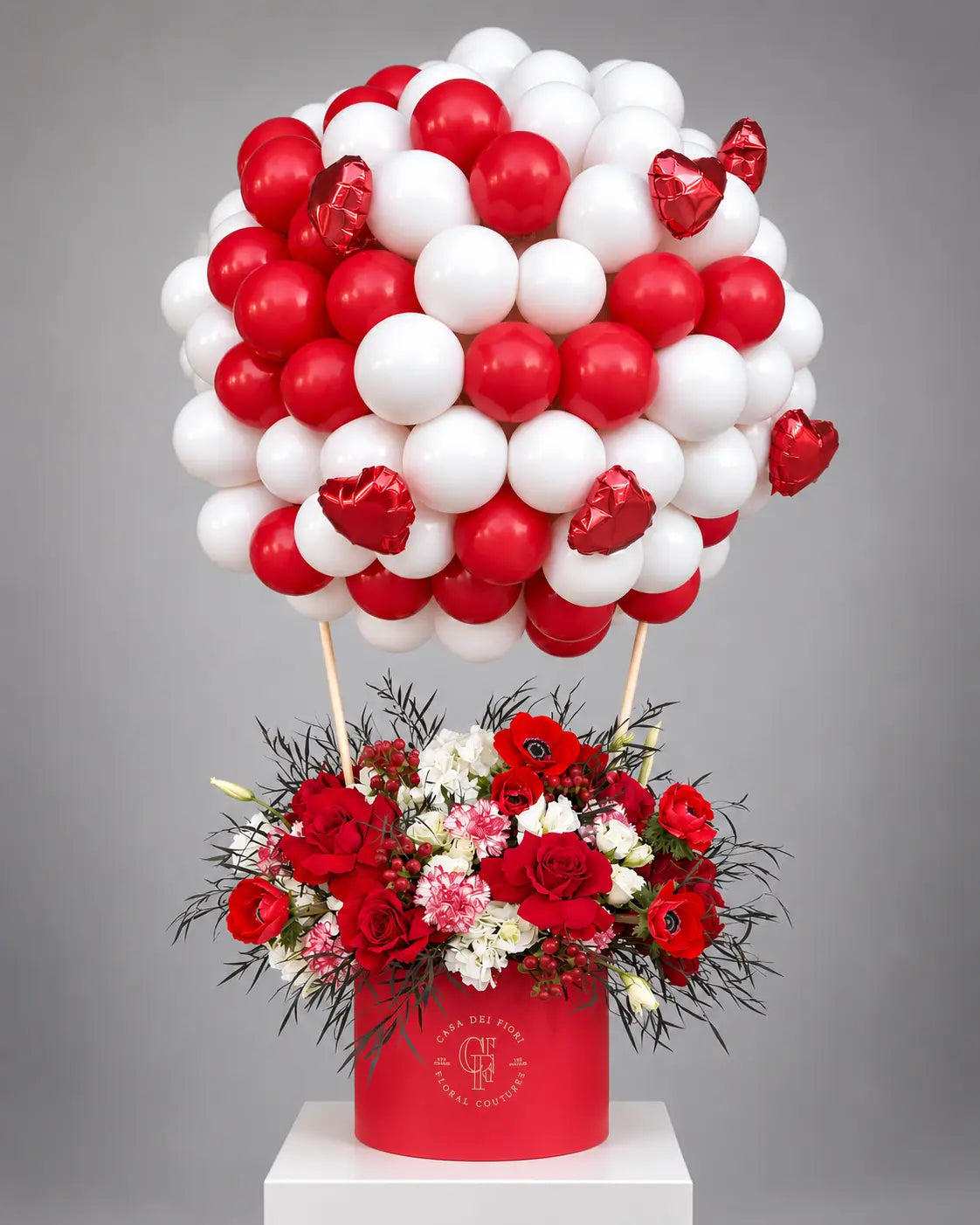 Red and White Flower Arrangement with Balloons in Los Angeles