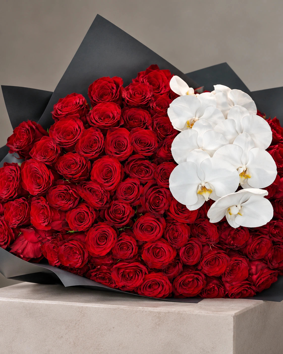 Romantic red rose bouquet with white orchids and same-day flower delivery in Beverly Hills