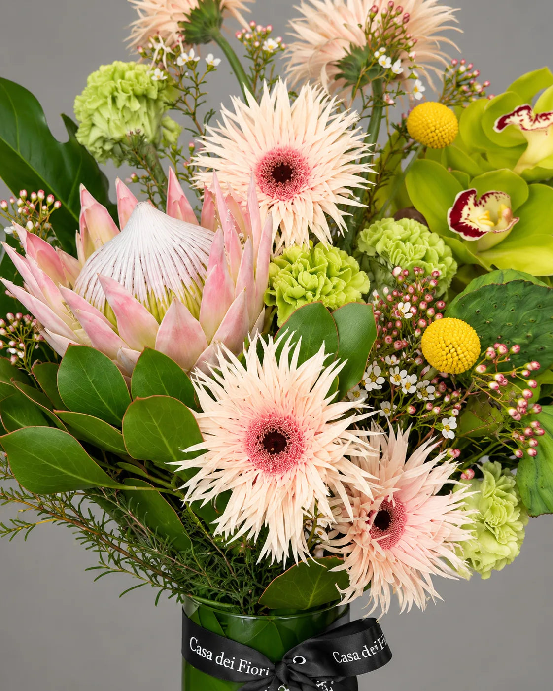 Tropical Flower Arrangement with Protea and Orchids in Beverly Hills
