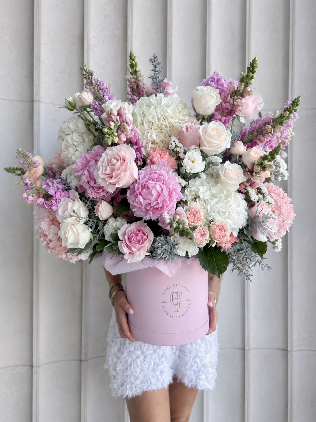 BELLE FLEUR pink and white flower box with peonies, hydrangeas and roses by Casa Dei Fiori
