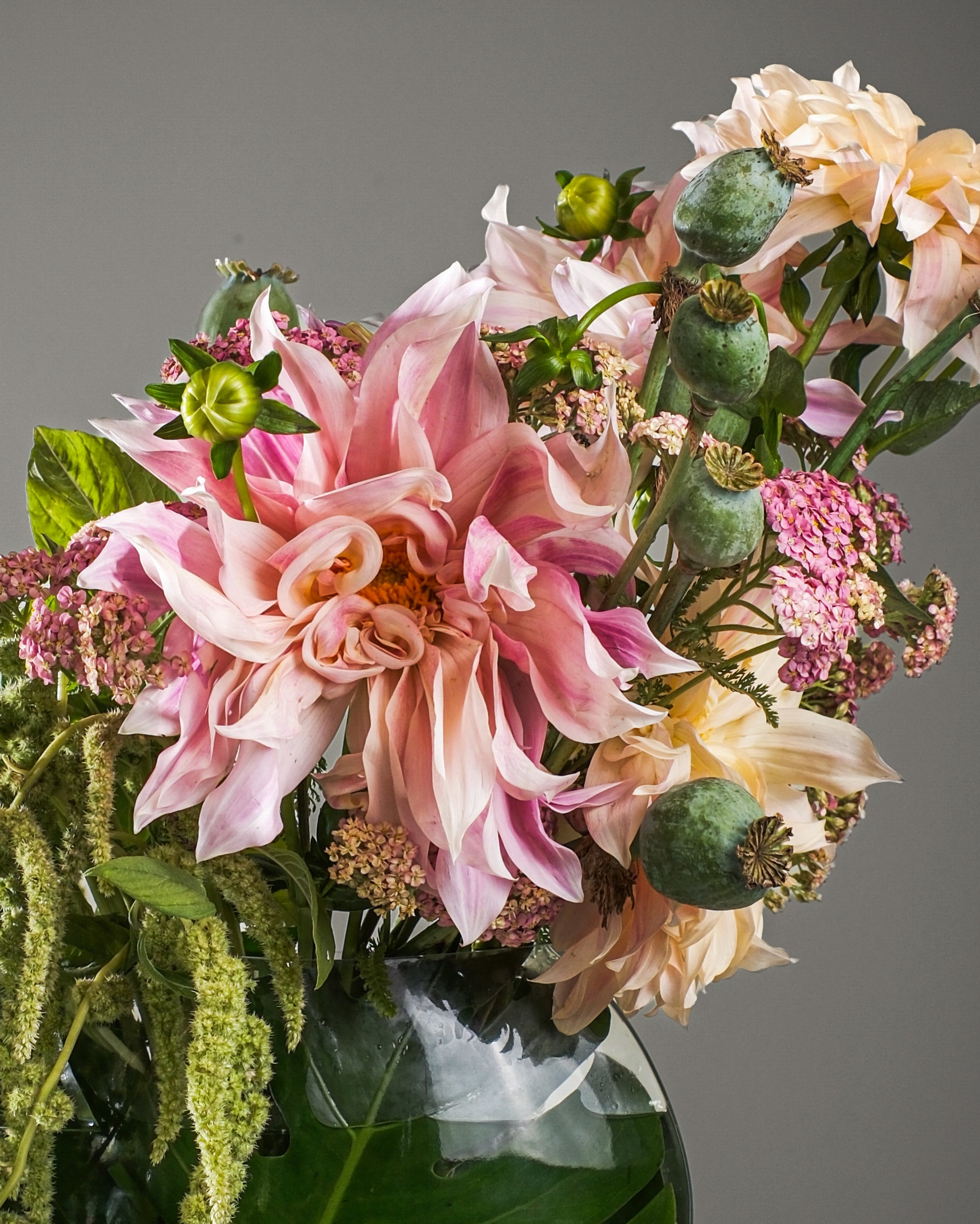 luxury vase flower arrangement with dahlia, green amaranthus and peach seasonal flowers by Casa Dei Fiori in Beverly Hills