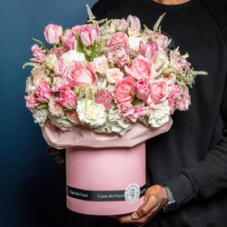 floral arrangement with hydrangeas and pink roses