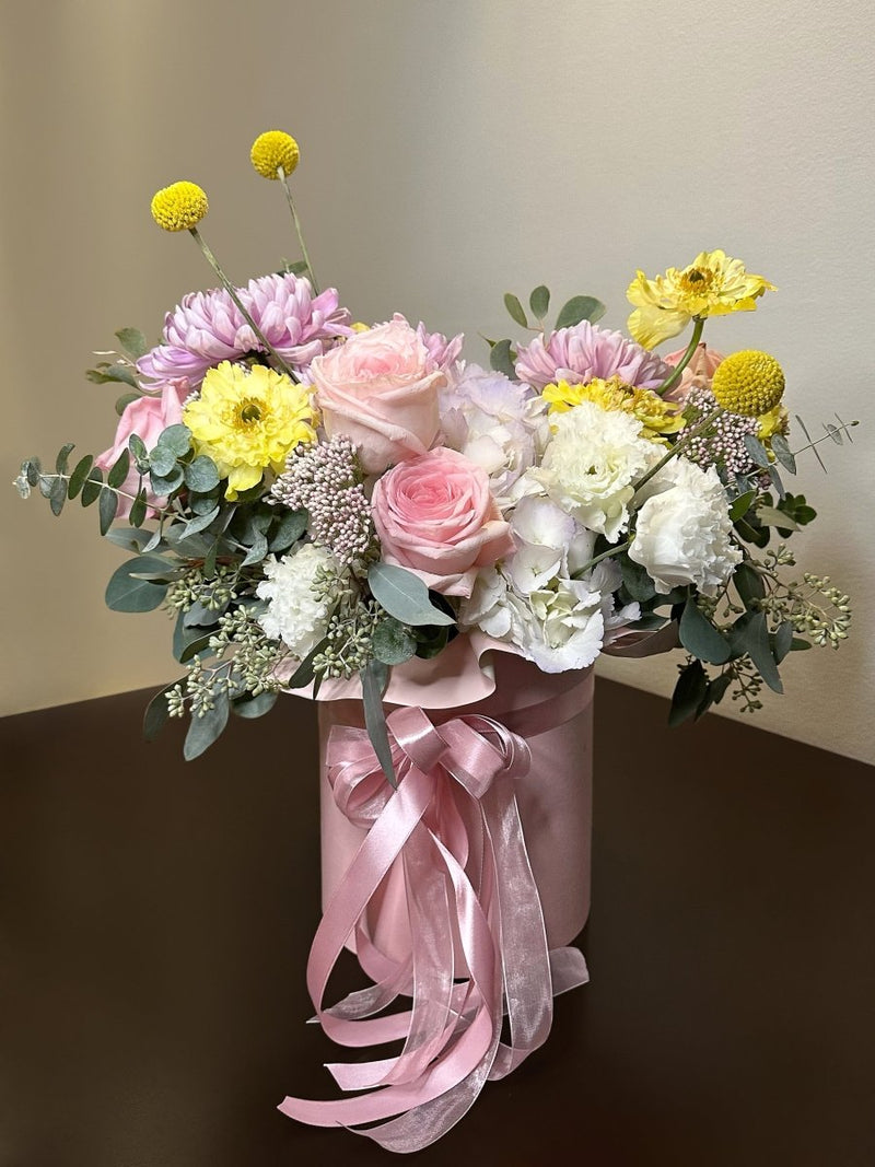 flower arrangement with hydrangeas and roses